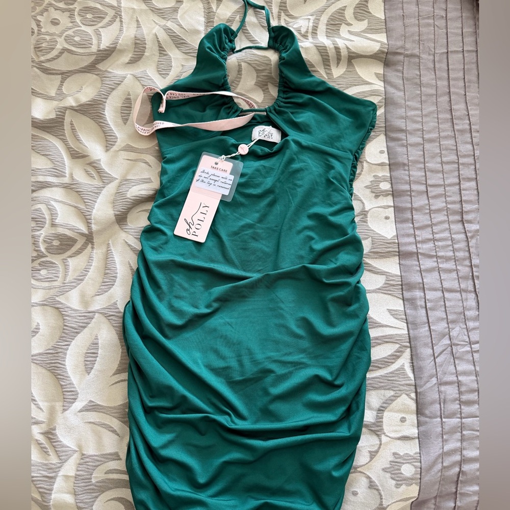 Oh Polly Emerald Green Halter Cutout Bodycon Dress - Picture 3 of 5